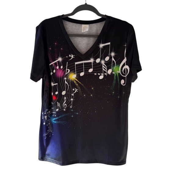 Music Note Graphic Top Size XL Black Short Sleeve Performance Tee V Neck - Picture 5 of 9
